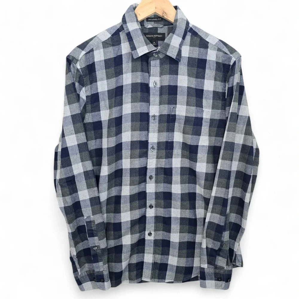 Banana Republic Shirt Mens Medium Gray Blue Button Up Check Untucked Fit Flannel